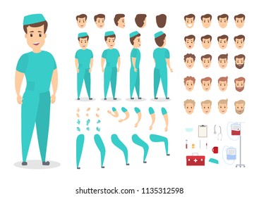 Handsome doctor character set for animation with various views, hairstyles, emotions, poses and gestures. Front, side and back view. Isolated vector illustration