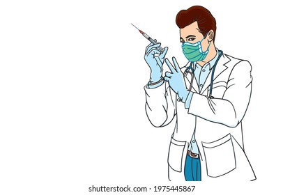 Handsome doctor, COVID-19 vaccination campaigning can gives us hope pandimic will end and important tool can stop the spread of Coronavirus. Illustration, art, graphic vector isolated on background.