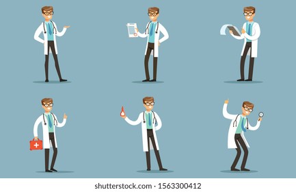 Handsome Doctor Making Daily Practical And Paper Work Vector Illustration Set Isolated On Blue Background