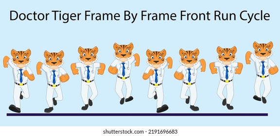 Handsome Doctor Tiger Frame By Frame Front Run Cycle Vector Illustration. Design For Motion Graphics, 2D Animation, Infographics, Animation Motion Posters