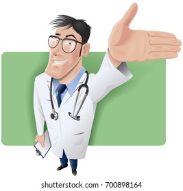 Handsome doctor in welcoming attitude. Vector illustration. Cartoon style of a friendly doctor isolated on the background. Character and background are on separate layers for easy use and editing.