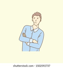 Handsome dreaming man with curious face. Thinking about great success concept office worker. Brainstorm process. Hand drawn vector illustration. Doodle style design.