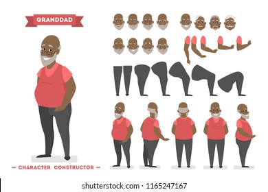 Handsome elderly african american man character in red pullover set for animation with various views, hairstyles, face emotions, poses and gestures. Isolated vector illustration in cartoon style