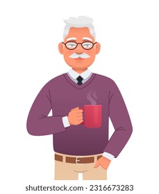 Handsome elderly gray-haired man with a mustache and glasses is holding a cup of hot coffee. Old grandpa at breakfast. Portrait of a successful confident businessman. Vector cartoon illustration