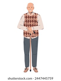 Handsome Elderly Man with Cane Isolated. Bald Old Man in Casual Summer Outfit with Stick. Senior Male Character. Fashion Grandfather with Mustache Wearing Vest. Cartoon Flat Vector Illustration