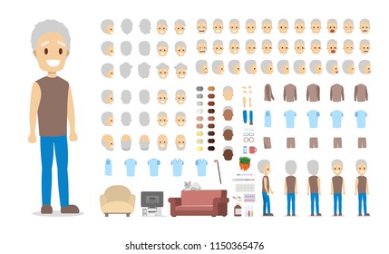 Handsome elderly man character set for animation with various views, hairstyles, face emotions, poses and gestures. Isolated vector illustration in cartoon style