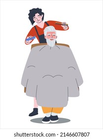 A handsome elderly man with gray hair and a long beard sits in a barber's chair for a haircut. A woman hairdresser with a comb and a razor cuts a male client's hair. Flat vector illustration. Eps10