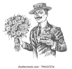 Handsome elegant gentleman holding gift box and stretching out bouquet of flowers. Vintage vector engraving style. Victorian Era hand drawn illustration