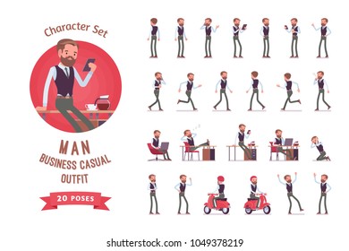 Handsome elegant male office employee at modern workplace ready-to-use character set. Business casual men fashion concept, full length, different views, gestures, emotions, front, rear view