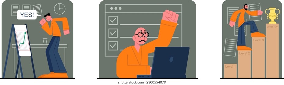 Handsome employees move up career ladder and achieve goals by successfully completing tasks. Cartoon flat style vector illustrations set on white background