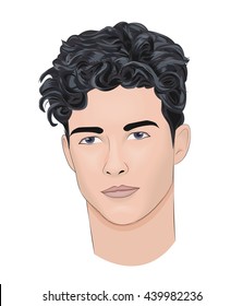 Handsome fashion confident brunette boy"s face with serious look and stylish curly hairstyle,vector
