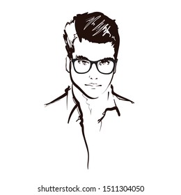 Handsome fashion men`s portrait. Man`s face. Vector doodle illustration isolated on white. Handsome fashion men`s portrait. Man`s face