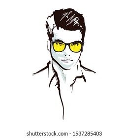 Handsome fashion men`s portrait. Man`s face. Vector doodle illustration isolated on white. Handsome fashion men`s portrait. Man`s face