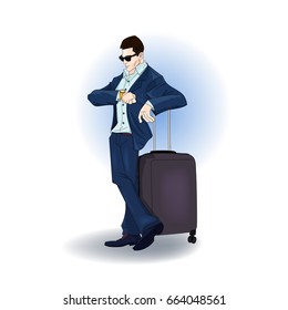 Handsome fashioned businessman holding suitcase, checking time on his golden watch. Isolated on white background. Vector illustration cartoon design. Male character with black glasses in business suit