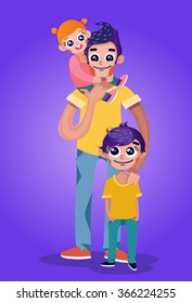 Handsome Father carries baby girl on shoulders and stands with the son. stylish editable character design