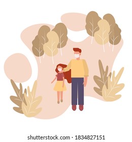 Handsome father with his daughter walking in the autumn park in mask. Virus protection concept, protect kid, stop the Coronavirus, health care. Covid-19 or influenza vector flat illustration