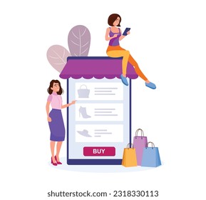 Handsome female characters taking part in seasonal sales at online store. Shopping over internet. Making purchases using mobile applications. Big discounts and consumer society. Vector