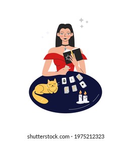 Handsome femme fatale in red dress reading future. Gypsy fortune teller with tarot cards, book, cat and candles. Mystic woman oracle seeing and predicting future. Vector flat illustration isolated