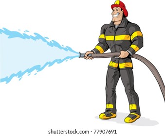 Guapo bombero usando una manguera de bomberos.