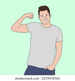 Handsome fit man pointing to his bicep and smiling