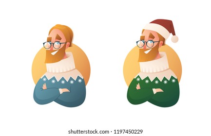 Handsome flat design set template with vector hipster man with a beard similar to Santa Claus in winter clothes in cartoon style. Christmas banner elements.