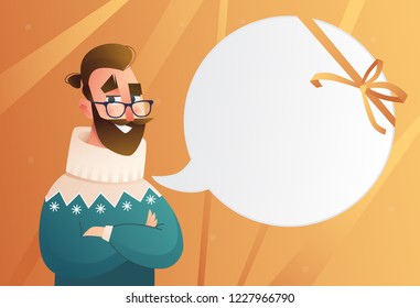 Handsome flat design set template with vector hipster man with a beard in winter clothes in cartoon style. Christmas banner elements.