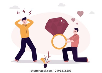 Handsome gay stands on one knee and proposing marriage giving engagement diamond ring to surprised and angry man. homosexual gives friend gold wedding ring with brilliant. LGBT. vector illustration