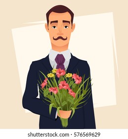 Handsome gentleman in suit with mustache holding bouquet of wildflowers, going on a date with his beloved. Vector illustration for Valentine`s day or 8 March, poster, print etc. EPS10