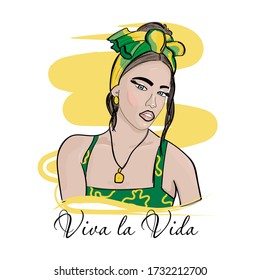 Handsome girl portrait in a summer look. Bright headband. Viva la vida slogan. Hand drawn sketch. Vector illustration of fashion.