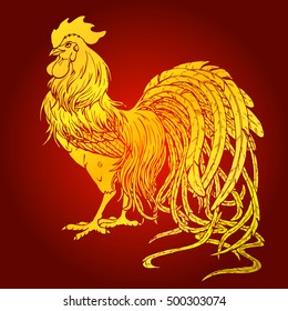 Handsome gold rooster on red background. Fiery red rooster symbol of the Chinese new year 2017. Vector illustration.