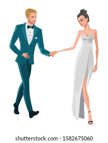 handsome groom and beautiful bride walking hand in hand