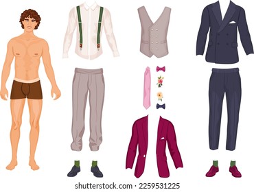 Handsome groom character with fashionable wedding costumes and accessories. Male paper doll, dress-up game.