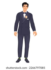 Handsome groom in dark navy suit, isolated on a white background. Young man in wedding, formal attire, full-height.
