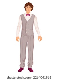 Handsome groom in grey vest and trousers with bow tie. Male character with curly hair, isolated on a white background.
