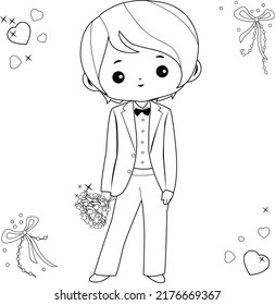 Handsome groom holding a flower bouquet. Vector black and white coloring page.