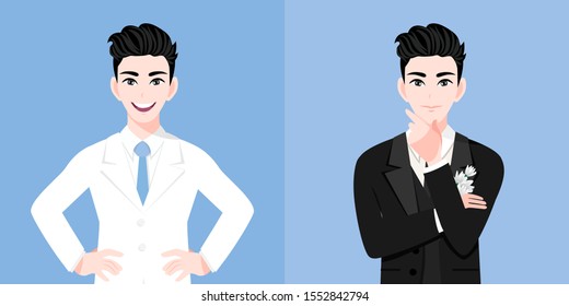 A handsome groom man with a wedding man's suit two styles on the wedding day in a blue background. Valentine's Day cartoon character and abstract design vector