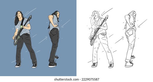 Handsome Guitarist or bassist doing cool pose with long hair on the blue background vector line art modern illustrations