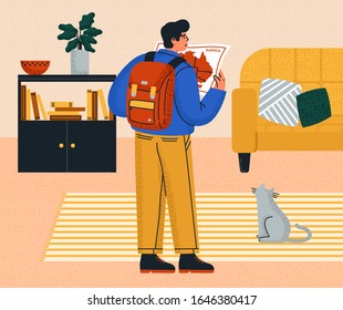 A handsome guy with a backpack behind him and a map in his hands against the background of the interior of a cozy apartment. Bright color vector illustration suitable for a poster or banner. The illus