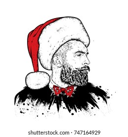 A handsome guy with a beard in a Santa Claus hat. Hipster. Vector illustration for a postcard or a poster, print for clothes. New Year's and Christmas.