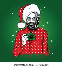 A handsome guy with a beard in a Santa Claus hat. Hipster with a camera. Vector illustration for a postcard or a poster, print for clothes. New Year's and Christmas.
