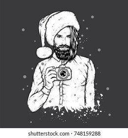 A handsome guy with a beard in a Santa Claus hat. Hipster with a camera. Vector illustration for a postcard or a poster, print for clothes. New Year's and Christmas.