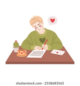 Handsome guy, boy, man with blond hair writes a love letter at a desk. Vector flat illustration isolated on transparent background for valentine's day.