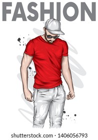 Un tipo guapo en gorra y un pantalones en T. Un hombre deportivo con ropa de verano. Ilustración vectorial para una postal o un afiche. 