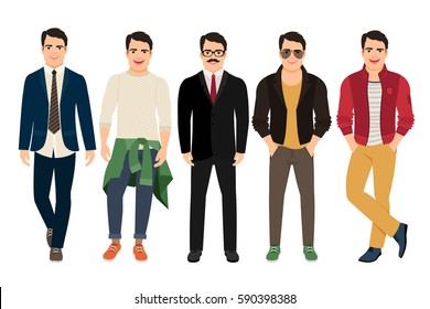 Un tipo guapo con estilo casual y de negocios. Hombre joven con diferentes ilustraciones vectoriales masculinas