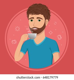 Handsome guy with a cup of coffee in his hand. Colored vector illustration of young man in flat style.