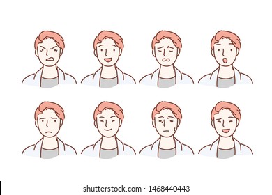 Handsome guy with different facial expressions. Young boy smiling, happy, kind, anger, sad face character. Set of men s emotions. Facial expression. Cartoon flat Design Isolated Vector Illustration