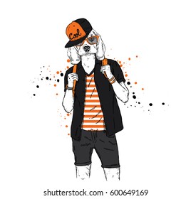 A handsome guy with a dog head dressed in a T-shirt, shirt and shorts. Summer clothes. Vector illustration. Hipster. Beagle.