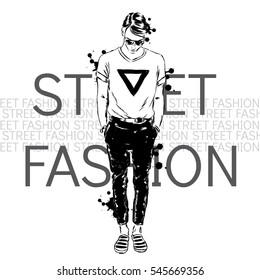 Handsome guy in a dress on a background of the inscriptions. Fashion illustration. Vector.