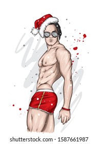 Handsome guy dressed as Santa Claus. Muscular man in shorts and a hat. New Year and Christmas, fashion and style, accessories. Illustration for a card or poster, print on clothes.