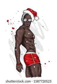 Handsome guy dressed as Santa Claus. Muscular man in shorts and a hat. New Year and Christmas, fashion and style, accessories. Illustration for a card or poster, print on clothes.